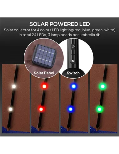 Outsunny Φ2.7m Garden 24 LED Light Parasol Solar Outdoor Tilt Sun Umbrella Patio Club Party Event Manual Sun Shade w/ Hand Crank