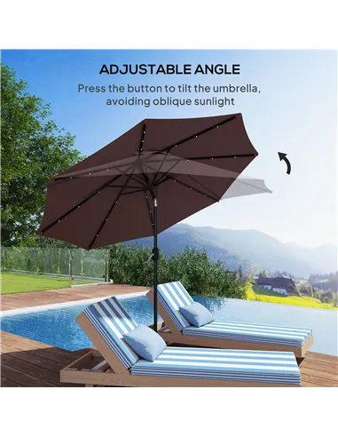 Outsunny Φ2.7m Garden 24 LED Light Parasol Solar Outdoor Tilt Sun Umbrella Patio Club Party Event Manual Sun Shade w/ Hand Crank