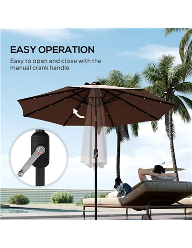 Outsunny Φ2.7m Garden 24 LED Light Parasol Solar Outdoor Tilt Sun Umbrella Patio Club Party Event Manual Sun Shade w/ Hand Crank