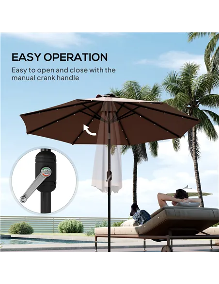 Outsunny Φ2.7m Garden 24 LED Light Parasol Solar Outdoor Tilt Sun Umbrella Patio Club Party Event Manual Sun Shade w/ Hand Crank