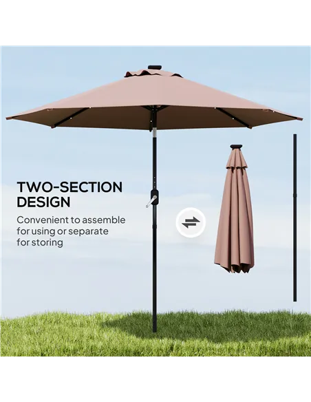 Outsunny Φ2.7m Garden 24 LED Light Parasol Solar Outdoor Tilt Sun Umbrella Patio Club Party Event Manual Sun Shade w/ Hand Crank