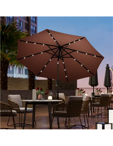 Outsunny Φ2.7m Garden 24 LED Light Parasol Solar Outdoor Tilt Sun Umbrella Patio Club Party Event Manual Sun Shade w/ Hand Crank