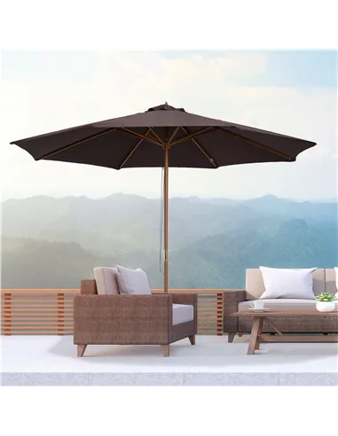 Outsunny 3(m) Garden Parasol, Pulley Operated Patio Umbrella, Wooden Parasol, Table Market Umbrella with Rope Pulley Mechanism a