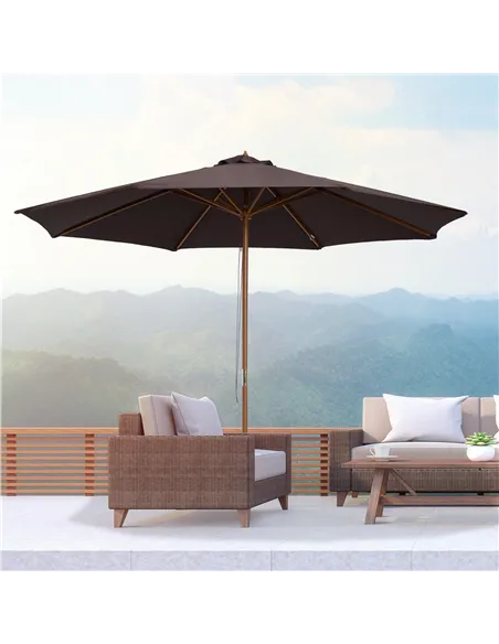 Outsunny 3(m) Garden Parasol, Pulley Operated Patio Umbrella, Wooden Parasol, Table Market Umbrella with Rope Pulley Mechanism a