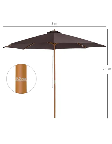 Outsunny 3(m) Garden Parasol, Pulley Operated Patio Umbrella, Wooden Parasol, Table Market Umbrella with Rope Pulley Mechanism a