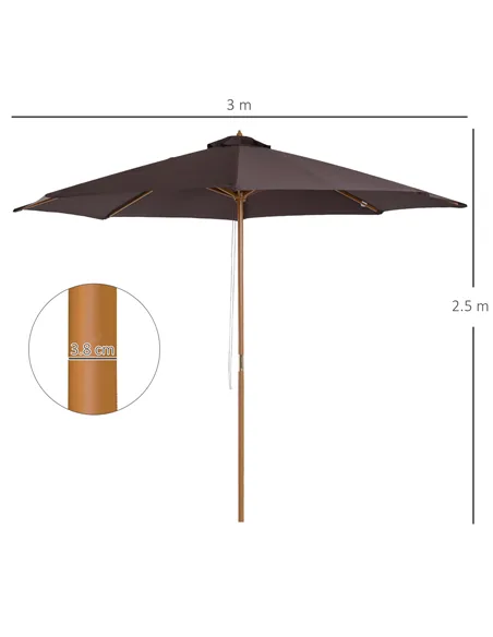 Outsunny 3(m) Garden Parasol, Pulley Operated Patio Umbrella, Wooden Parasol, Table Market Umbrella with Rope Pulley Mechanism a