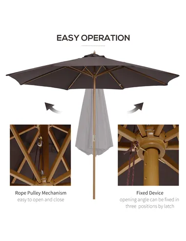 Outsunny 3(m) Garden Parasol, Pulley Operated Patio Umbrella, Wooden Parasol, Table Market Umbrella with Rope Pulley Mechanism a
