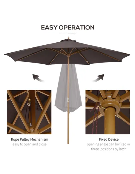 Outsunny 3(m) Garden Parasol, Pulley Operated Patio Umbrella, Wooden Parasol, Table Market Umbrella with Rope Pulley Mechanism a