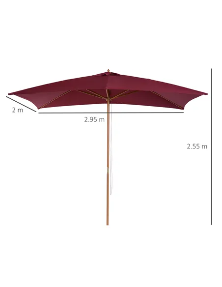 Outsunny 2 x 3m Wooden Garden Parasol Umbrella Outdoor Sun Shade Canopy, Wine Red