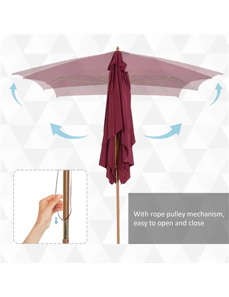 Outsunny 2 x 3m Wooden Garden Parasol Umbrella Outdoor Sun Shade Canopy, Wine Red