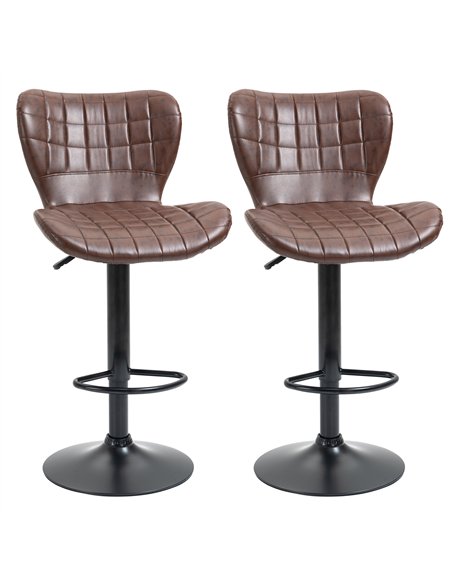 HOMCOM Bar Stools Set of 2 Adjustable Height Swivel Bar Chairs in PU Leather with Backrest & Footrest, Brown