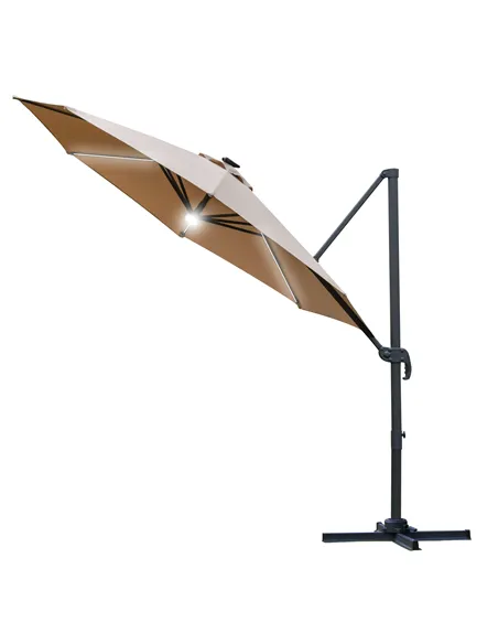 Outsunny 3(m) LED Cantilever Parasol Outdoor Sun Umbrella w/ Base Solar Lights Brown