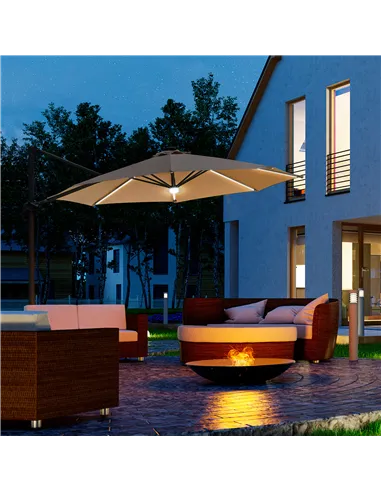 Outsunny 3(m) LED Cantilever Parasol Outdoor Sun Umbrella w/ Base Solar Lights Brown