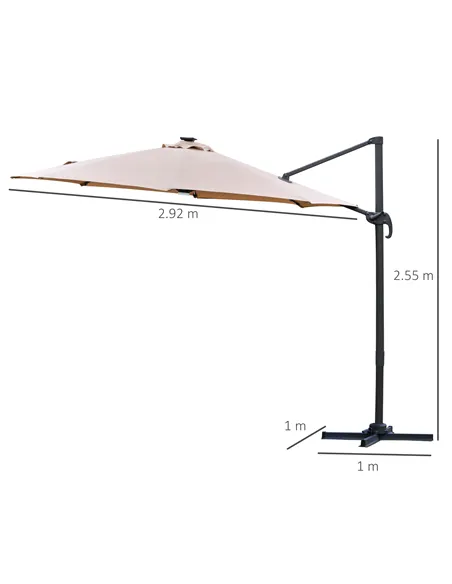 Outsunny 3(m) LED Cantilever Parasol Outdoor Sun Umbrella w/ Base Solar Lights Brown