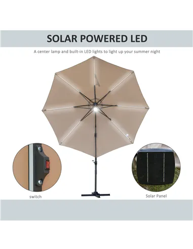 Outsunny 3(m) LED Cantilever Parasol Outdoor Sun Umbrella w/ Base Solar Lights Brown