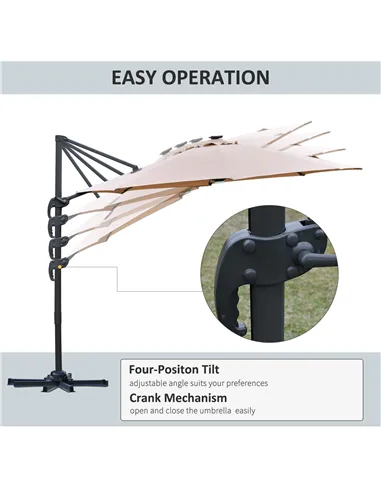 Outsunny 3(m) LED Cantilever Parasol Outdoor Sun Umbrella w/ Base Solar Lights Brown