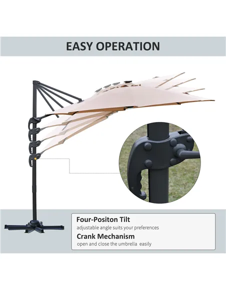 Outsunny 3(m) LED Cantilever Parasol Outdoor Sun Umbrella w/ Base Solar Lights Brown