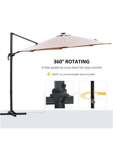 Outsunny 3(m) LED Cantilever Parasol Outdoor Sun Umbrella w/ Base Solar Lights Brown