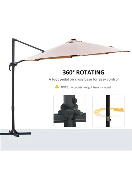 Outsunny 3(m) LED Cantilever Parasol Outdoor Sun Umbrella w/ Base Solar Lights Brown