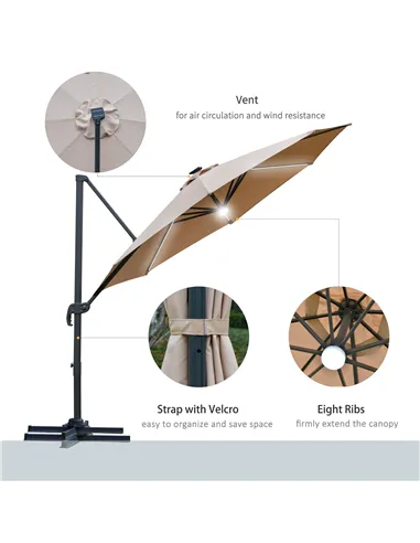 Outsunny 3(m) LED Cantilever Parasol Outdoor Sun Umbrella w/ Base Solar Lights Brown