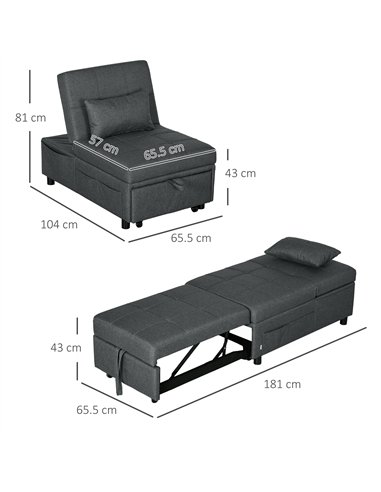 HOMCOM Convertible Chair Bed with Padding Seat, 4-in-1 Multi-Functional Sleeper Sofa Bed, Recliner with Adjustable Backrest, Sid