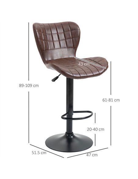 HOMCOM Bar Stools Set of 2 Adjustable Height Swivel Bar Chairs in PU Leather with Backrest & Footrest, Brown