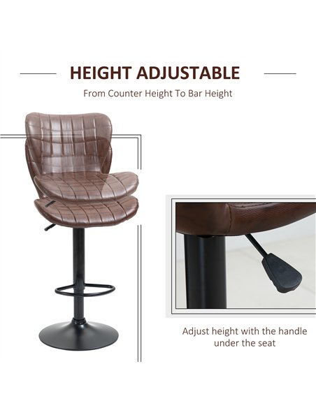 HOMCOM Bar Stools Set of 2 Adjustable Height Swivel Bar Chairs in PU Leather with Backrest & Footrest, Brown