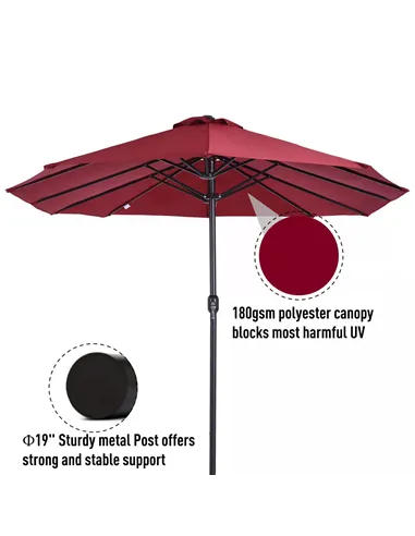Outsunny 4.6m Double-Sided Patio Parasol Sun Umbrella-Wine Red