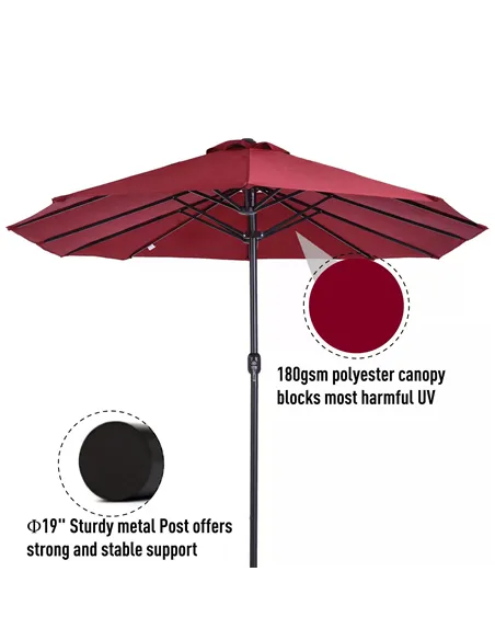 Outsunny 4.6m Double-Sided Patio Parasol Sun Umbrella-Wine Red
