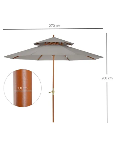 Outsunny 2.7m Elegant Wooden Frame Parasol Umbrella - Grey