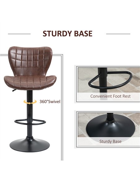 HOMCOM Bar Stools Set of 2 Adjustable Height Swivel Bar Chairs in PU Leather with Backrest & Footrest, Brown