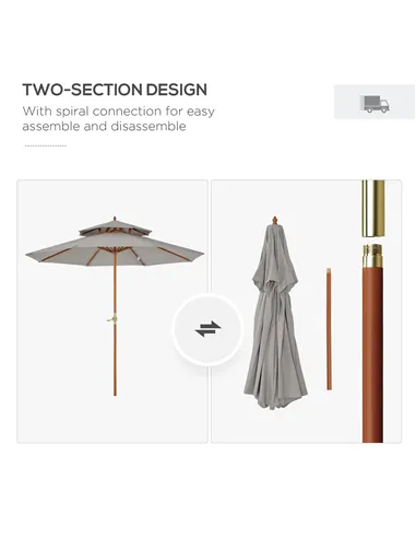 Outsunny 2.7m Elegant Wooden Frame Parasol Umbrella - Grey