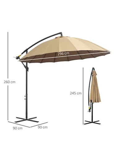 Outsunny 3(m) Cantilever Umbrella 18 Ribs & Vents Adjustable Angle for Patio Khaki