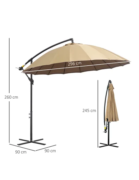 Outsunny 3(m) Cantilever Umbrella 18 Ribs & Vents Adjustable Angle for Patio Khaki