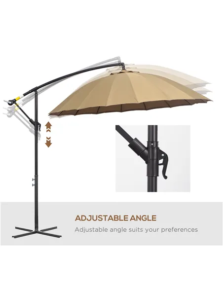 Outsunny 3(m) Cantilever Umbrella 18 Ribs & Vents Adjustable Angle for Patio Khaki