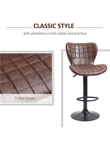HOMCOM Bar Stools Set of 2 Adjustable Height Swivel Bar Chairs in PU Leather with Backrest & Footrest, Brown