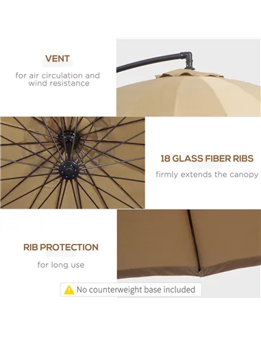 Outsunny 3(m) Cantilever Umbrella 18 Ribs & Vents Adjustable Angle for Patio Khaki