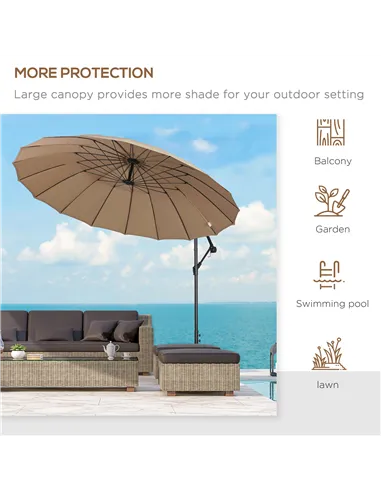 Outsunny 3(m) Cantilever Umbrella 18 Ribs & Vents Adjustable Angle for Patio Khaki