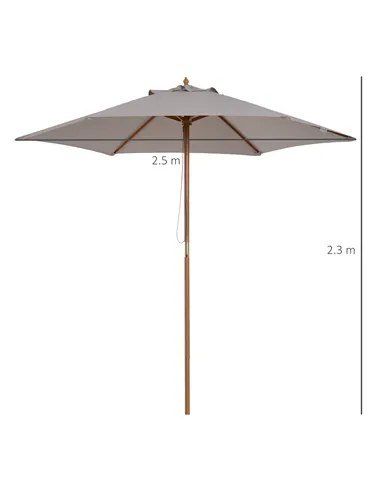Outsunny 2.5m Wood Garden Parasol Sun Shade Patio Outdoor Wooden Umbrella Canopy, Table Market Umbrella with Vent, 38mm Pole, Ro