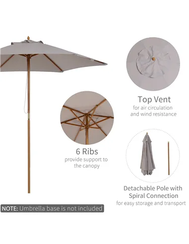 Outsunny 2.5m Wood Garden Parasol Sun Shade Patio Outdoor Wooden Umbrella Canopy, Table Market Umbrella with Vent, 38mm Pole, Ro