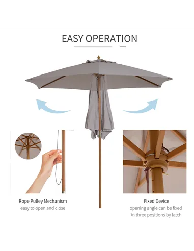 Outsunny 2.5m Wood Garden Parasol Sun Shade Patio Outdoor Wooden Umbrella Canopy, Table Market Umbrella with Vent, 38mm Pole, Ro