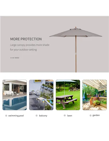 Outsunny 2.5m Wood Garden Parasol Sun Shade Patio Outdoor Wooden Umbrella Canopy, Table Market Umbrella with Vent, 38mm Pole, Ro