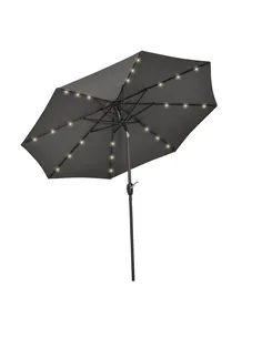 Outsunny Φ2.7m Garden 24 LED Light Parasol Solar Outdoor Tilt Sun Umbrella Patio Club Party Event Manual Sun Shade w/ Hand Crank