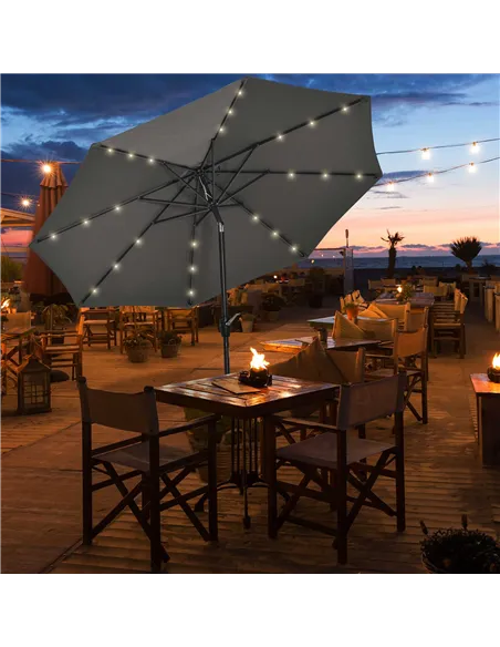 Outsunny Φ2.7m Garden 24 LED Light Parasol Solar Outdoor Tilt Sun Umbrella Patio Club Party Event Manual Sun Shade w/ Hand Crank