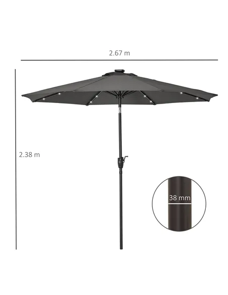 Outsunny Φ2.7m Garden 24 LED Light Parasol Solar Outdoor Tilt Sun Umbrella Patio Club Party Event Manual Sun Shade w/ Hand Crank