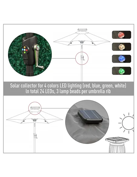 Outsunny Φ2.7m Garden 24 LED Light Parasol Solar Outdoor Tilt Sun Umbrella Patio Club Party Event Manual Sun Shade w/ Hand Crank