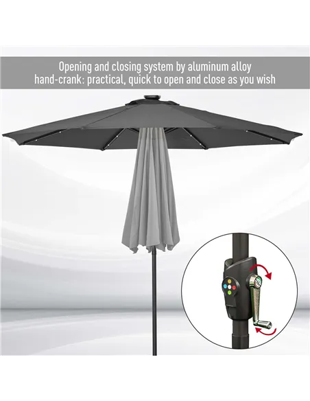 Outsunny Φ2.7m Garden 24 LED Light Parasol Solar Outdoor Tilt Sun Umbrella Patio Club Party Event Manual Sun Shade w/ Hand Crank