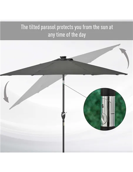 Outsunny Φ2.7m Garden 24 LED Light Parasol Solar Outdoor Tilt Sun Umbrella Patio Club Party Event Manual Sun Shade w/ Hand Crank