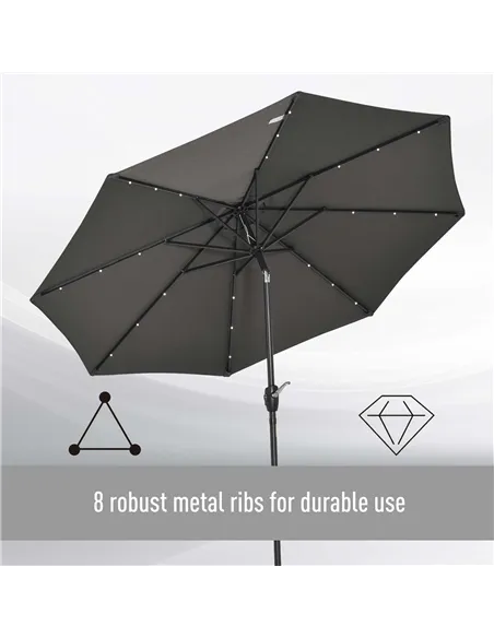 Outsunny Φ2.7m Garden 24 LED Light Parasol Solar Outdoor Tilt Sun Umbrella Patio Club Party Event Manual Sun Shade w/ Hand Crank