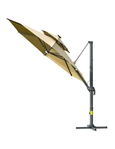 Outsunny 3m Cantilever Parasol w/ Solar Lights Power Bank Base 360° Spin Khaki